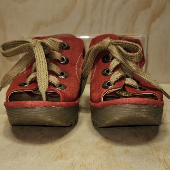Fly London Ylfa Red Tan Wedge Sandals Women 11 US 42EU Laces 2.5" Heel Open Toe - Picture 4 of 8